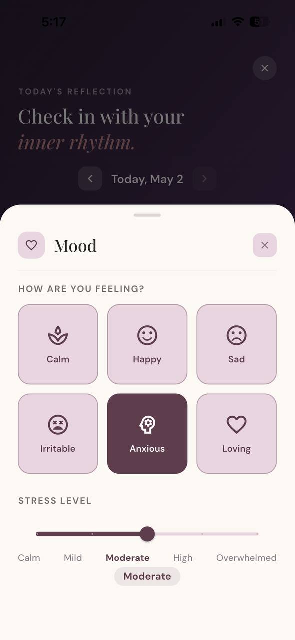Daily log screen showing mood tracking