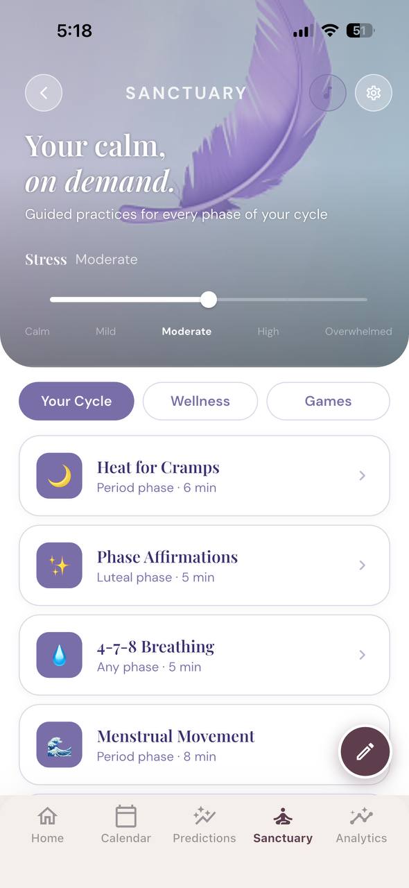 Sanctuary screen with guided exercises for each cycle phase